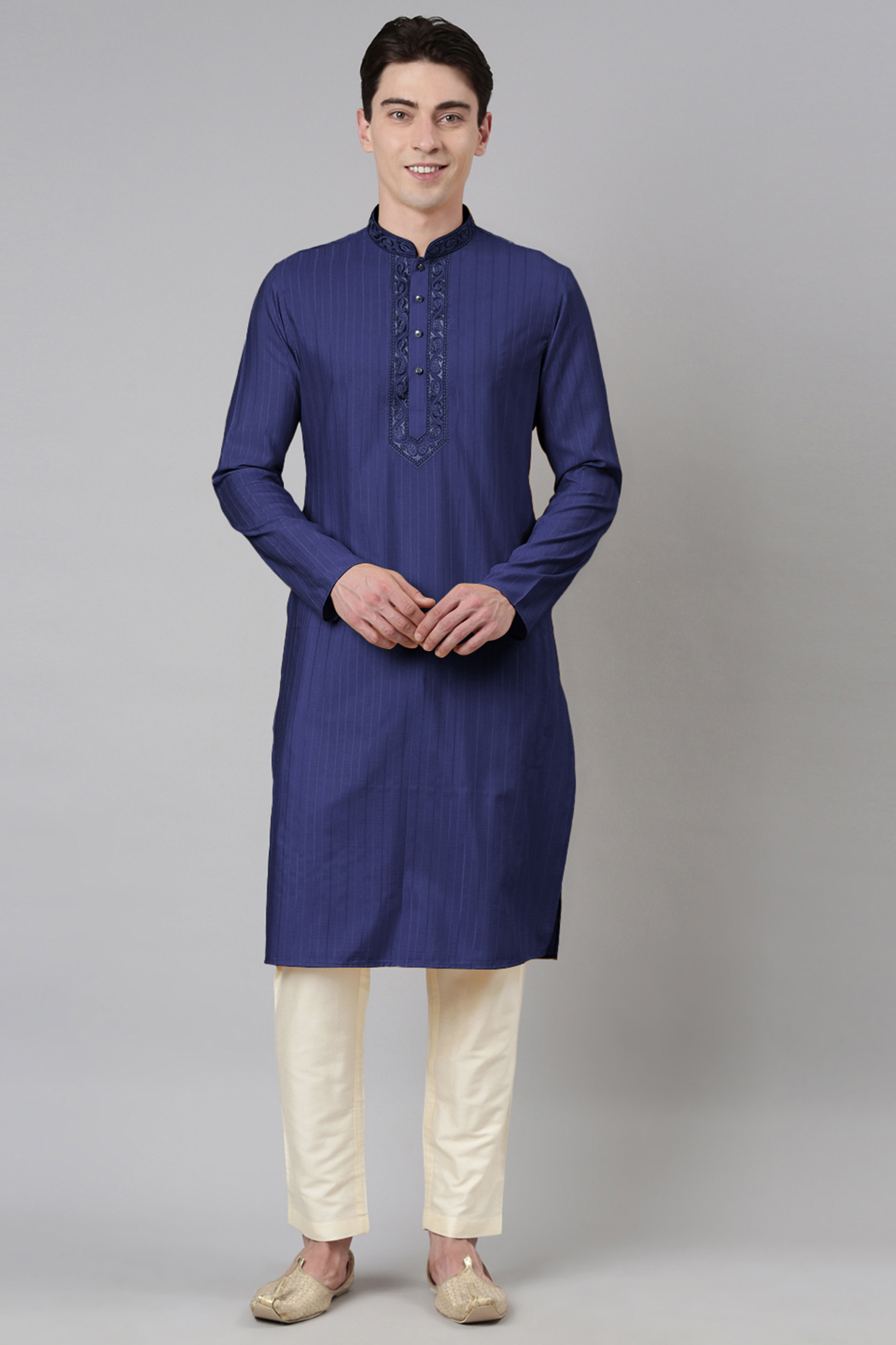 Navy Blue Cotton Embroidered Kurta Set by The Ethnic Co