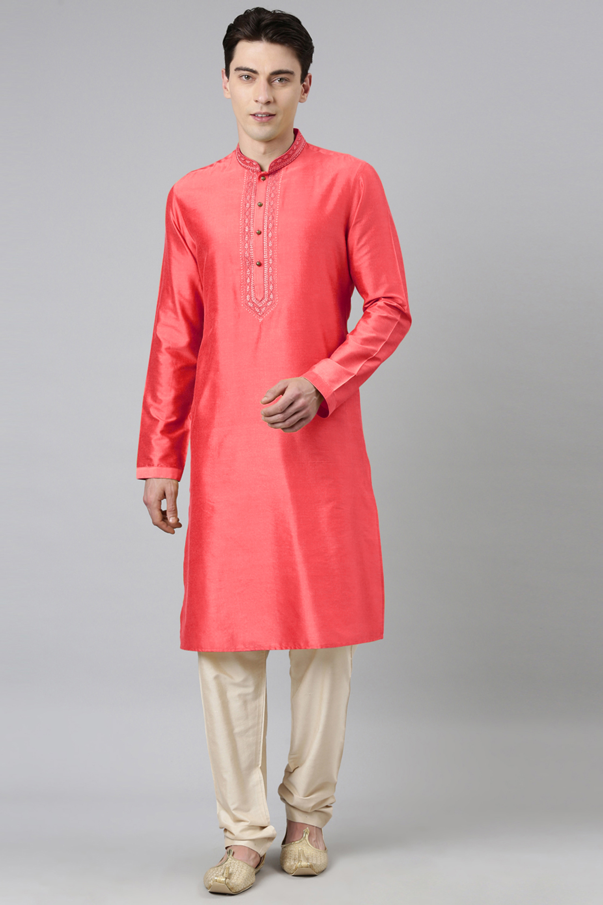 Red Poly Silk Embroidered Kurta Set by The Ethnic Co