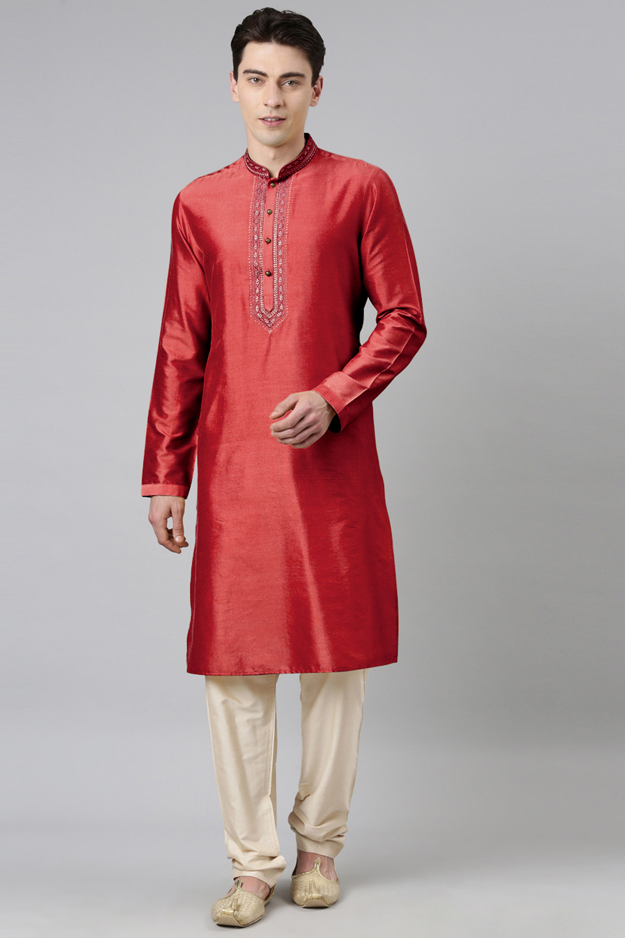 Maroon Poly Silk Embroidered Kurta Set by The Ethnic Co