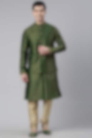 Green Brocade Embroidered Bundi Jacket With Kurta Set by The Ethnic Co