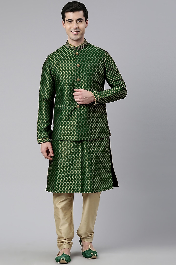 Green Brocade Embroidered Bundi Jacket With Kurta Set by The Ethnic Co
