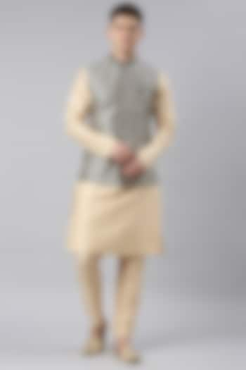 Grey Chanderi Silk Floral Nehru Jacket Set by The Ethnic Co