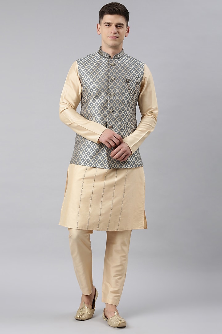 Grey Chanderi Silk Floral Nehru Jacket Set by The Ethnic Co