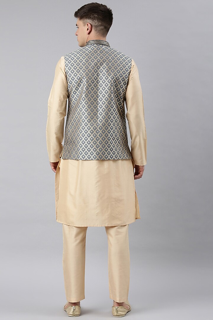 Grey Chanderi Silk Floral Nehru Jacket Set by The Ethnic Co at Pernia's Pop Up Shop