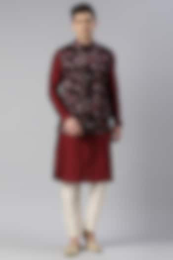 Maroon Satin Floral Nehru Jacket Set by The Ethnic Co