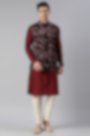 Maroon Satin Floral Nehru Jacket Set by The Ethnic Co at Pernia's Pop Up Shop