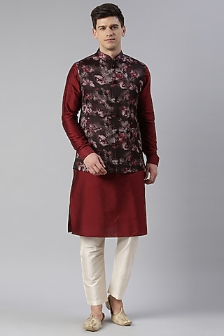 Maroon Satin Floral Nehru Jacket Set by The Ethnic Co