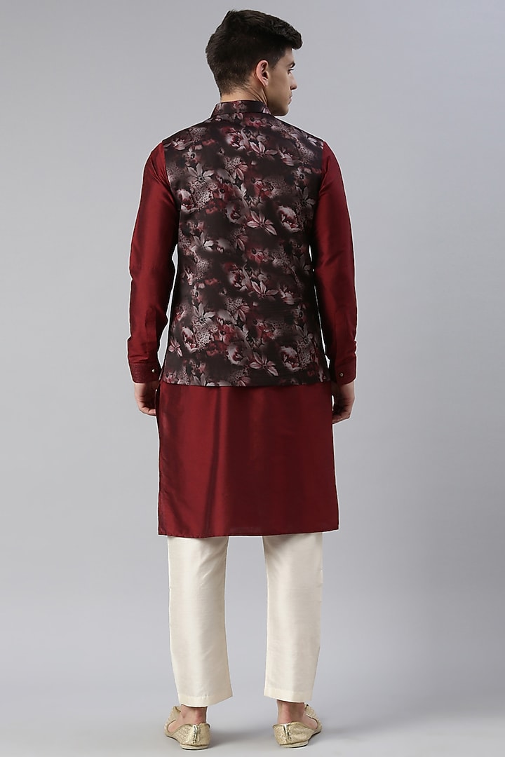 Maroon Satin Floral Nehru Jacket Set by The Ethnic Co at Pernia's Pop Up Shop