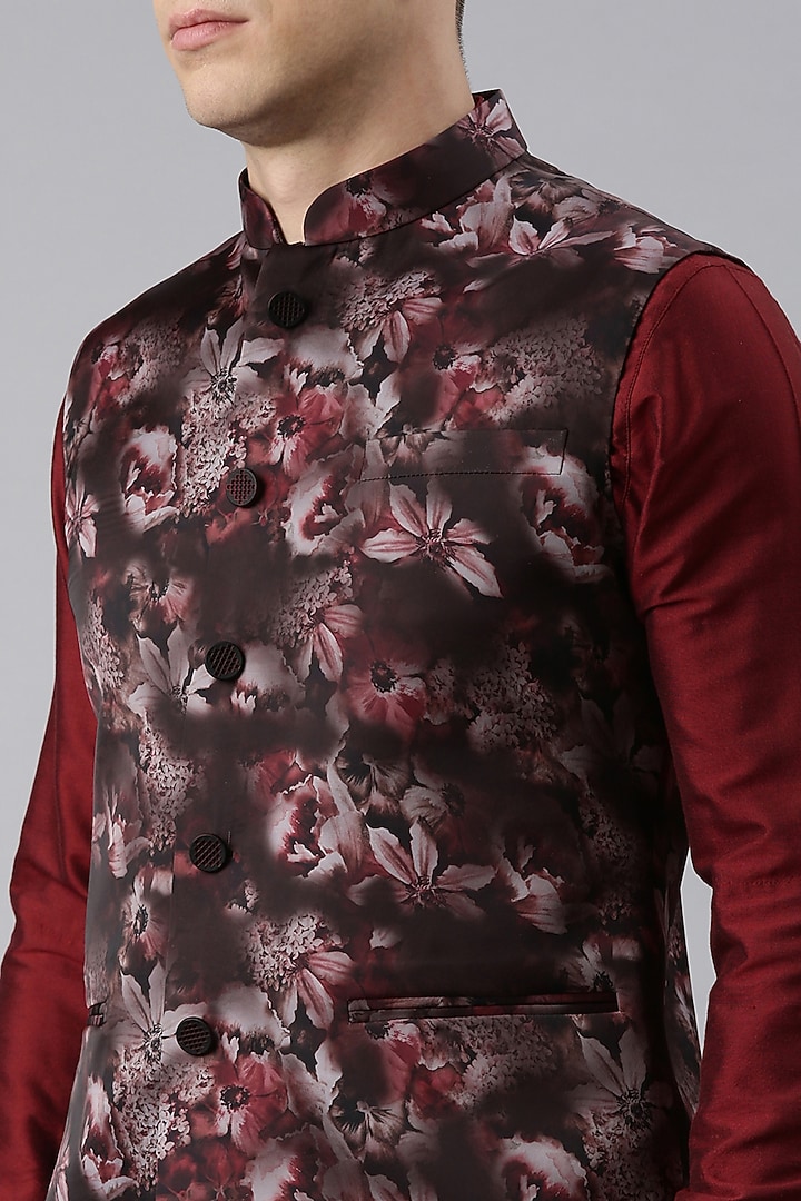 Maroon Satin Floral Nehru Jacket Set by The Ethnic Co at Pernia's Pop Up Shop