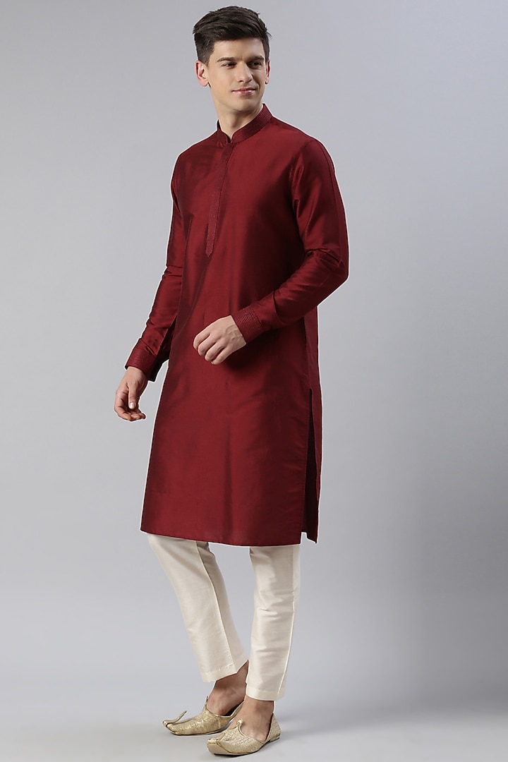 Maroon Satin Floral Nehru Jacket Set by The Ethnic Co at Pernia's Pop Up Shop