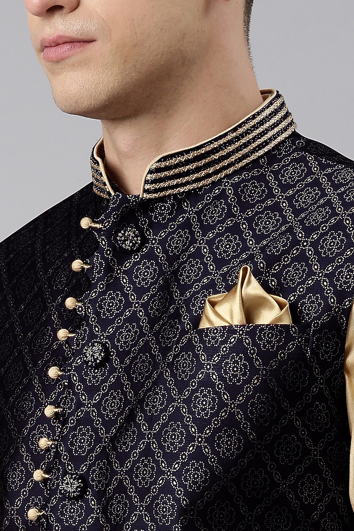 Navy Blue Banarasi Nehru Jacket Set by The Ethnic Co at Pernia's Pop Up Shop