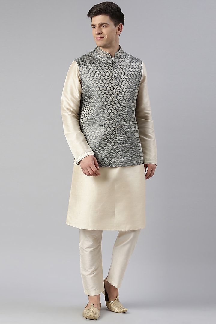 Grey Banarasi Jacquard Nehru Jacket Set by The Ethnic Co