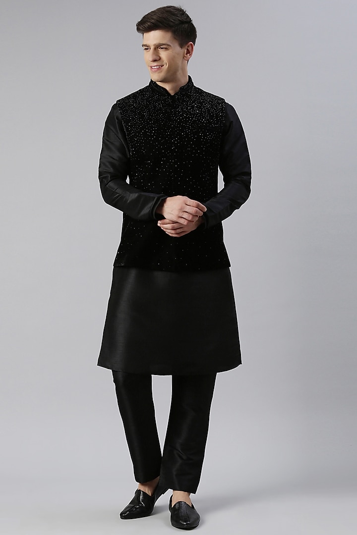 Black Velvet Hand Embroidered Nehru Jacket Set by The Ethnic Co