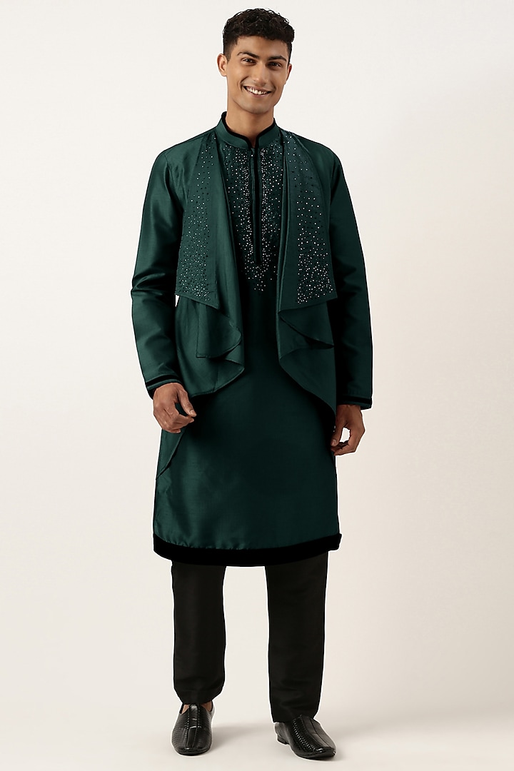 Green Poly Silk Layered Kurta Set by The Ethnic Co