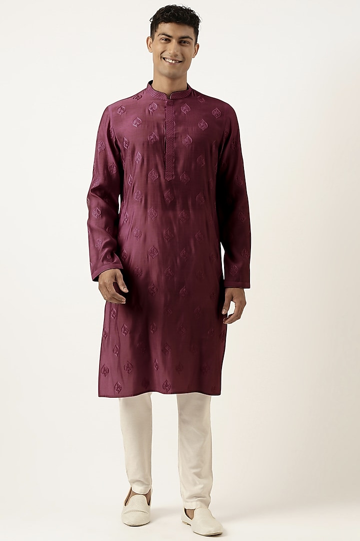 Wine Poly Silk Embroidered Kurta Set by The Ethnic Co