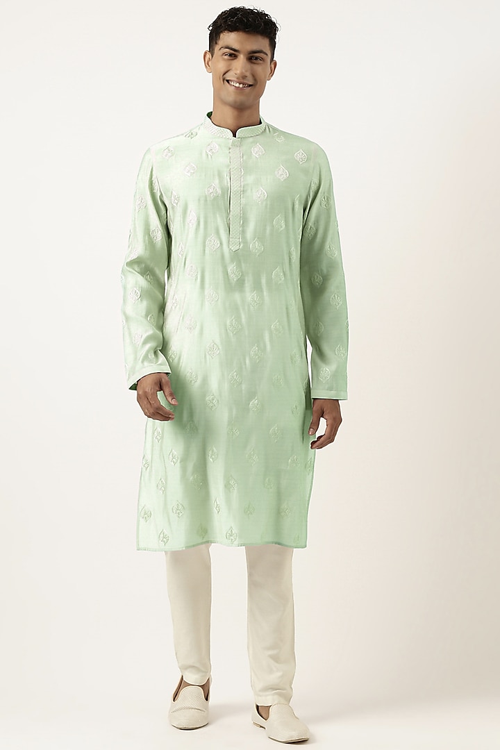 Light Green Poly Silk Embroidered Kurta Set by The Ethnic Co at Pernia's Pop Up Shop