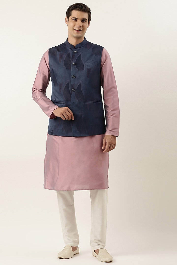 Navy Blue Jacquard Abstract Printed Nehru Jacket Set by The Ethnic Co