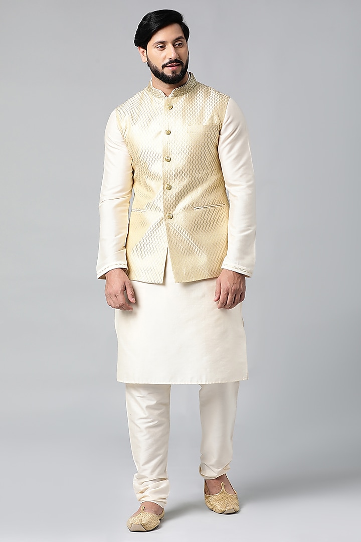 Cream Art Silk Nehru Jacket Set by The Ethnic Co