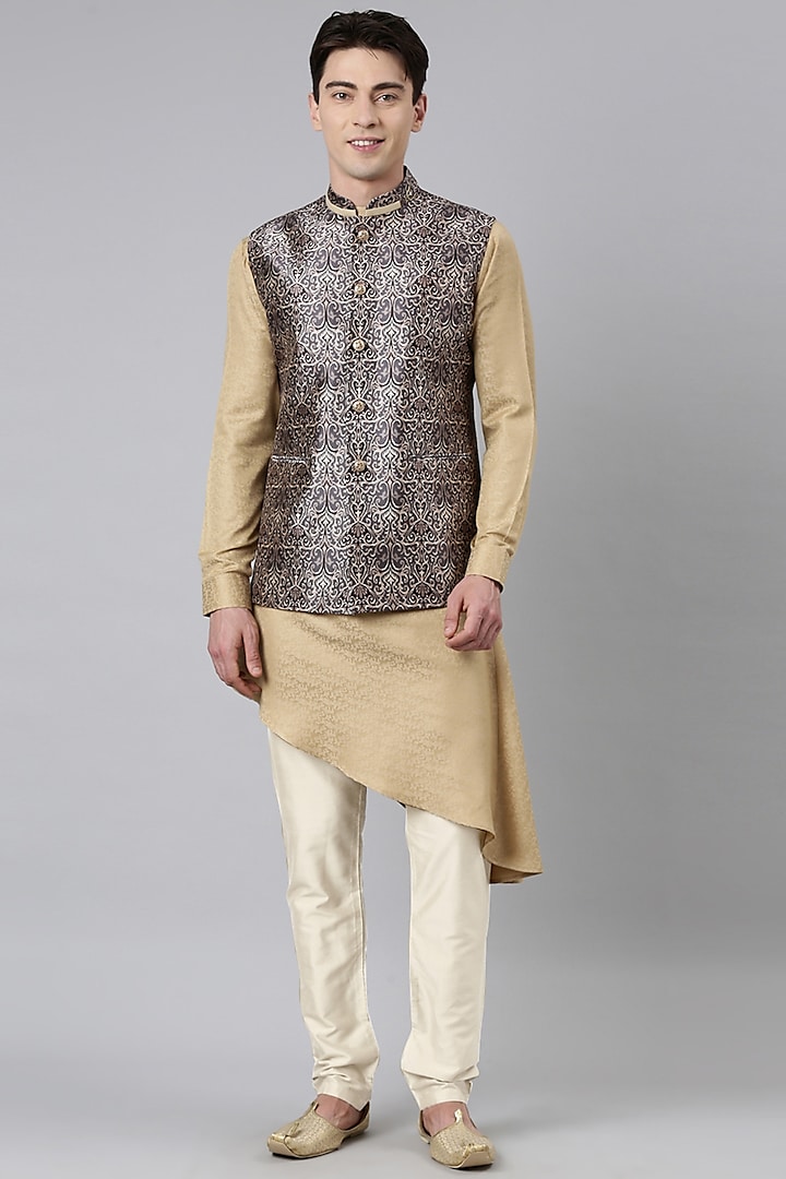 Green Satin Printed Nehru Jacket Set by The Ethnic Co