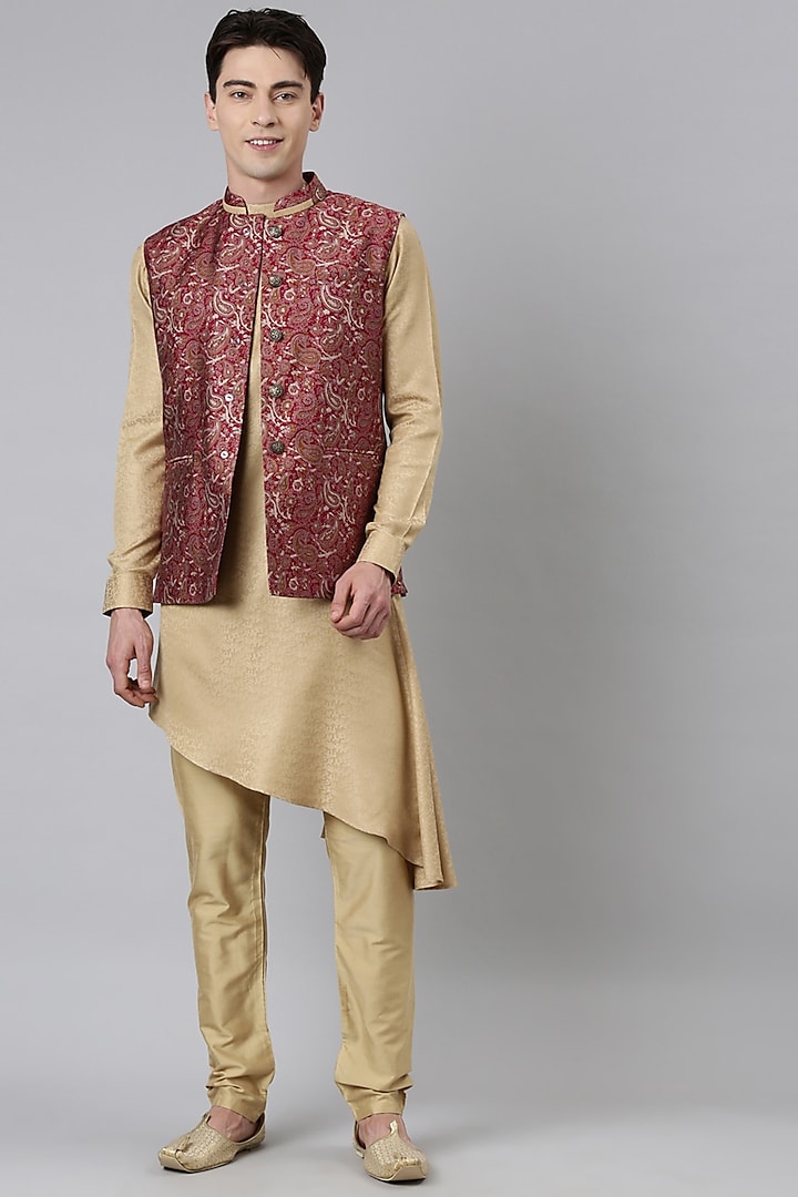 Red Satin Printed Nehru Jacket Set by The Ethnic Co