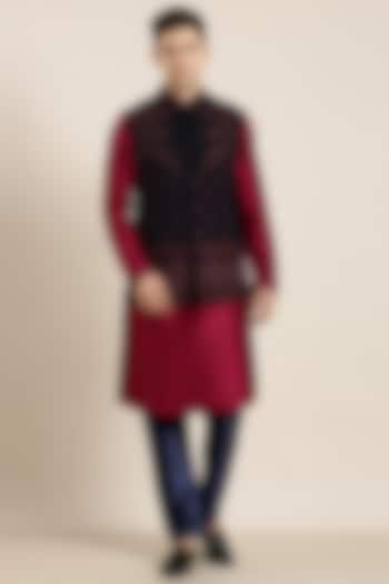 Navy Blue Wool Embroidered Bundi Jacket Set by The Ethnic Co at Pernia's Pop Up Shop