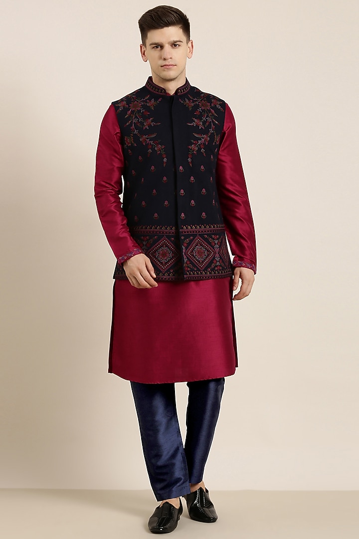Navy Blue Wool Embroidered Bundi Jacket Set by The Ethnic Co at Pernia's Pop Up Shop