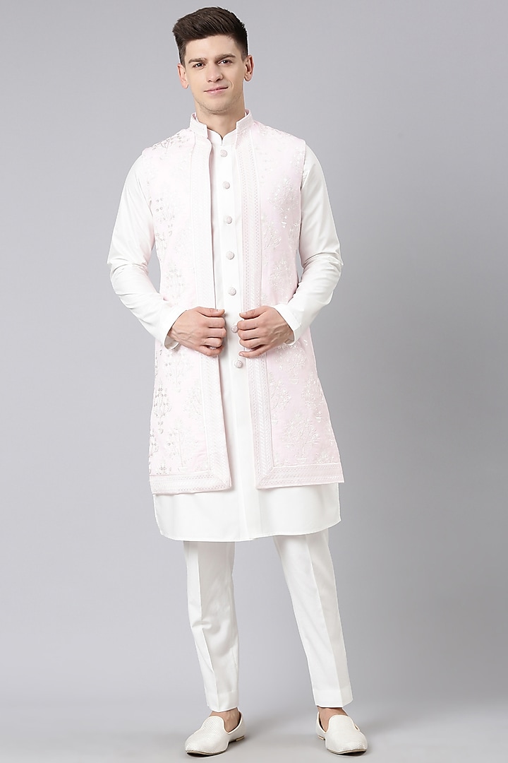 Pink Linen Embroidered Indowestern Set by The Ethnic Co