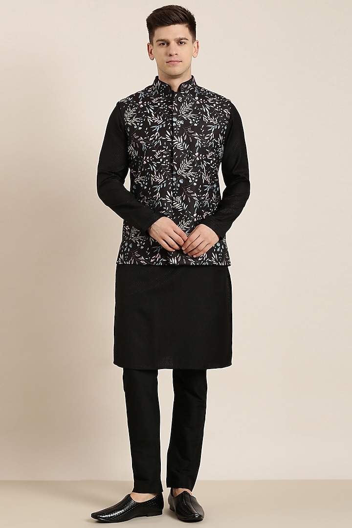 Black Cotton Linen Printed Bundi Jacket Set by The Ethnic Co