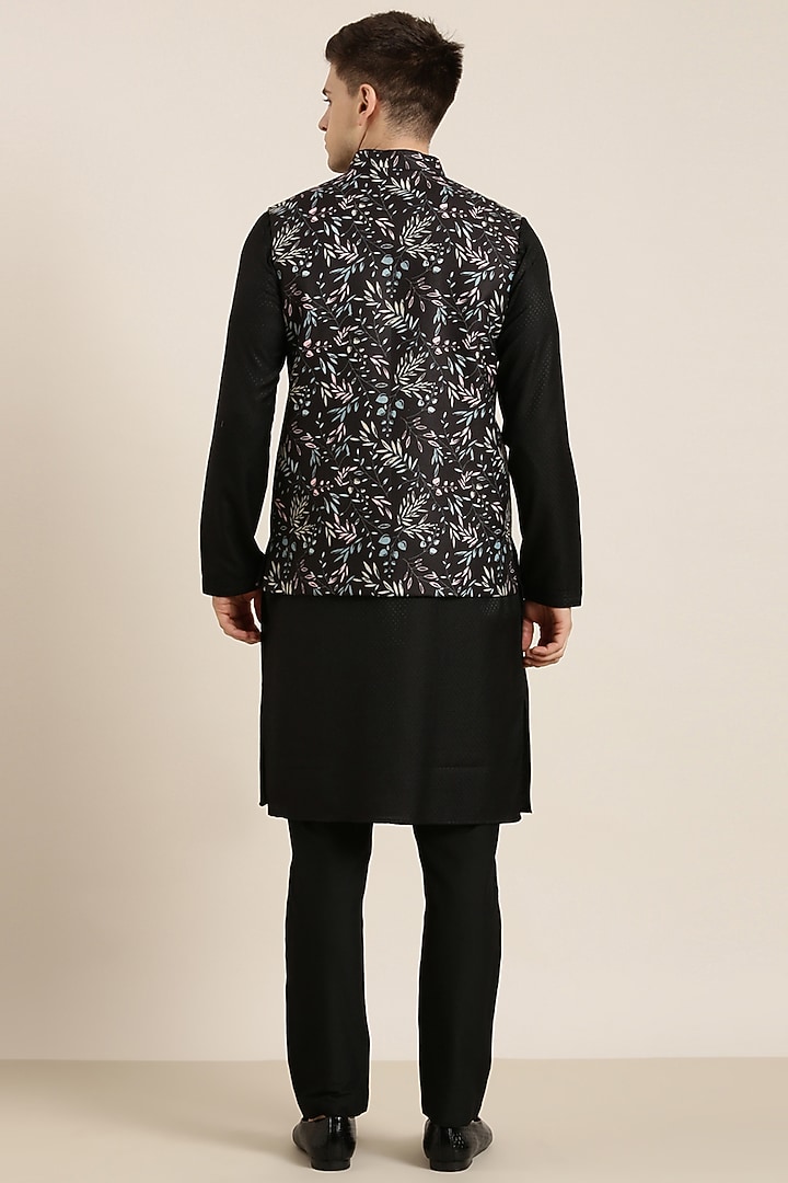 Black Cotton Linen Printed Bundi Jacket Set by The Ethnic Co at Pernia's Pop Up Shop
