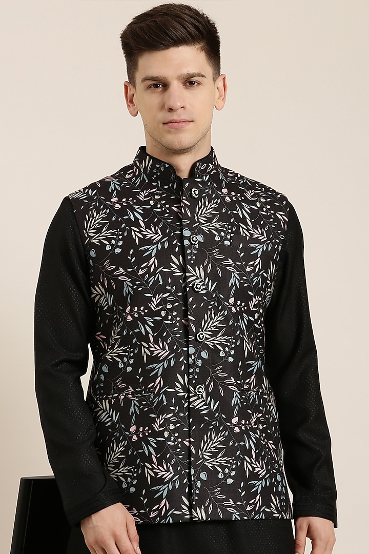 Black Cotton Linen Printed Bundi Jacket Set by The Ethnic Co at Pernia's Pop Up Shop