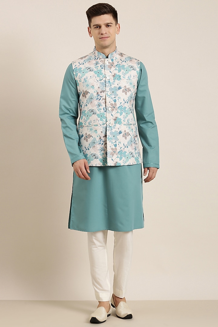 Beige Linen Printed Bundi Jacket Set by The Ethnic Co