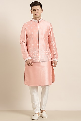 Beige Poly Silk Embroidered Nehru Jacket Set by The Ethnic Co