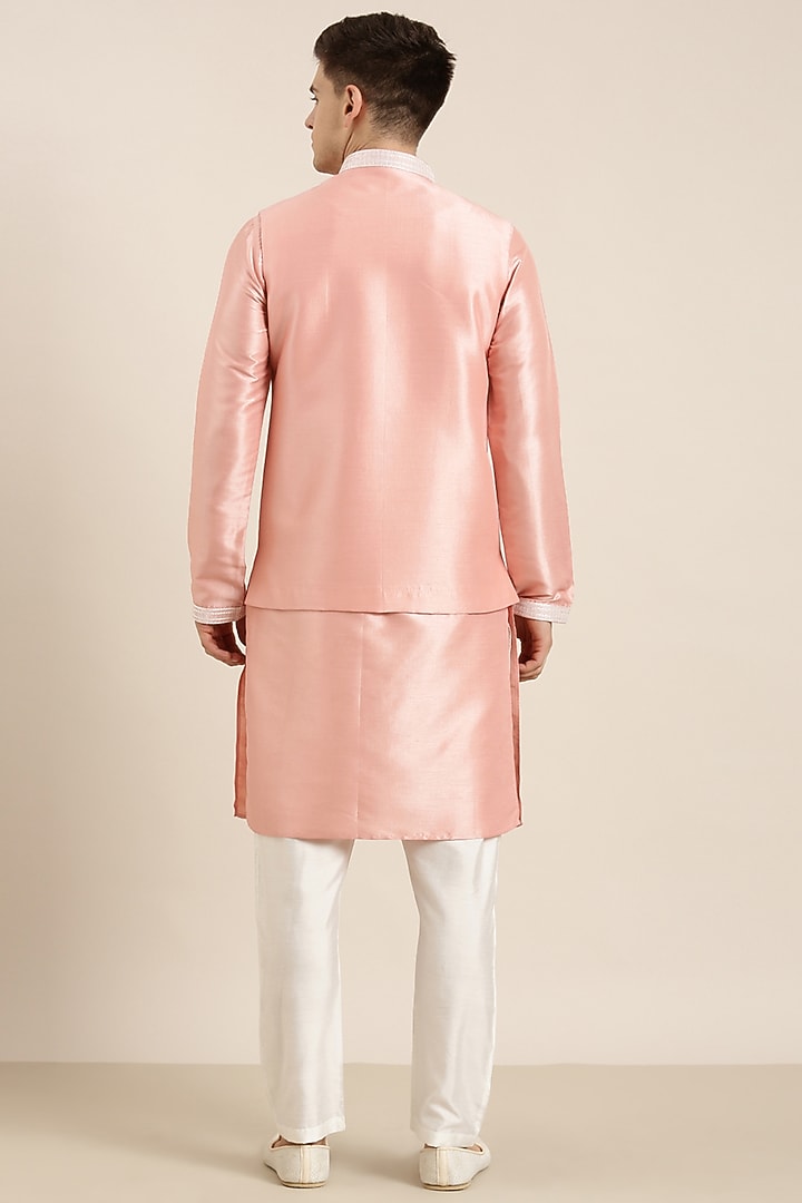 Beige Poly Silk Embroidered Nehru Jacket Set by The Ethnic Co at Pernia's Pop Up Shop