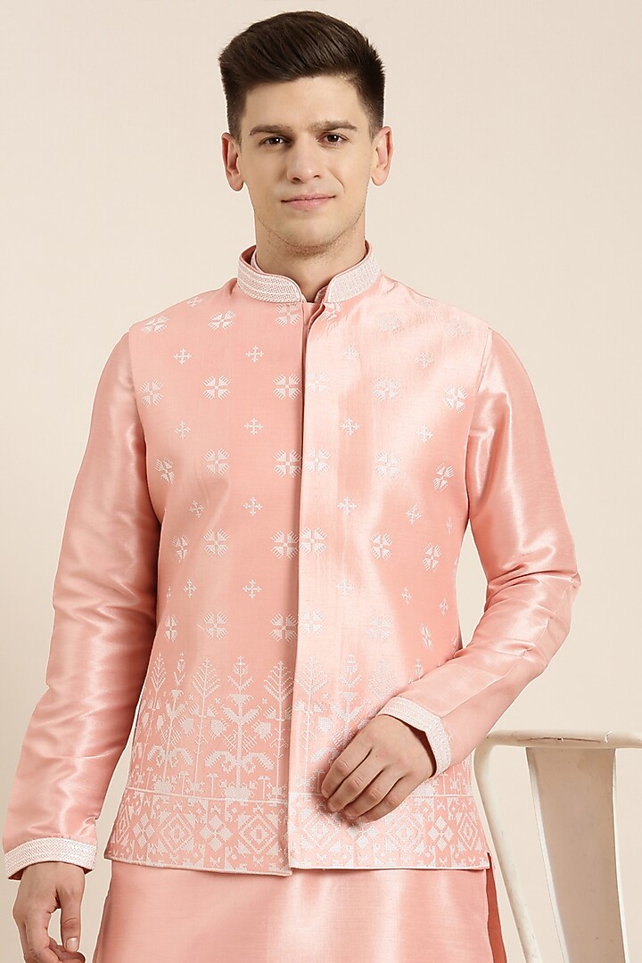 Beige Poly Silk Embroidered Nehru Jacket Set by The Ethnic Co at Pernia's Pop Up Shop