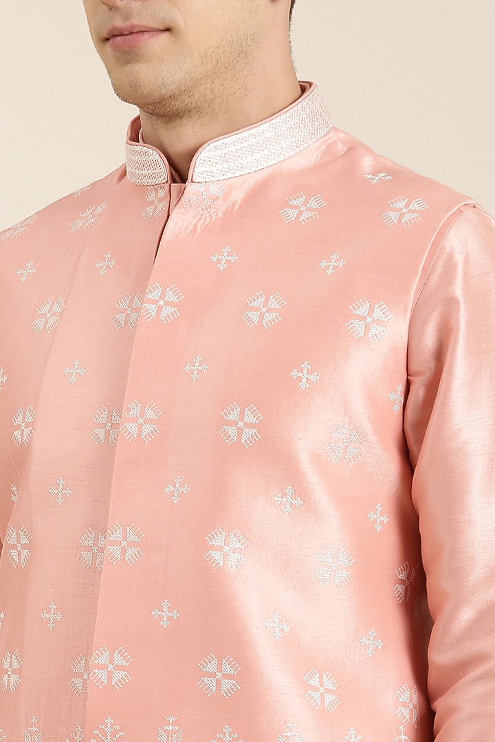 Beige Poly Silk Embroidered Nehru Jacket Set by The Ethnic Co at Pernia's Pop Up Shop