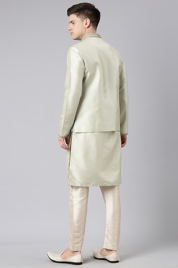 Olive Green Poly Silk Embroidered Nehru Jacket Set by The Ethnic Co at Pernia's Pop Up Shop