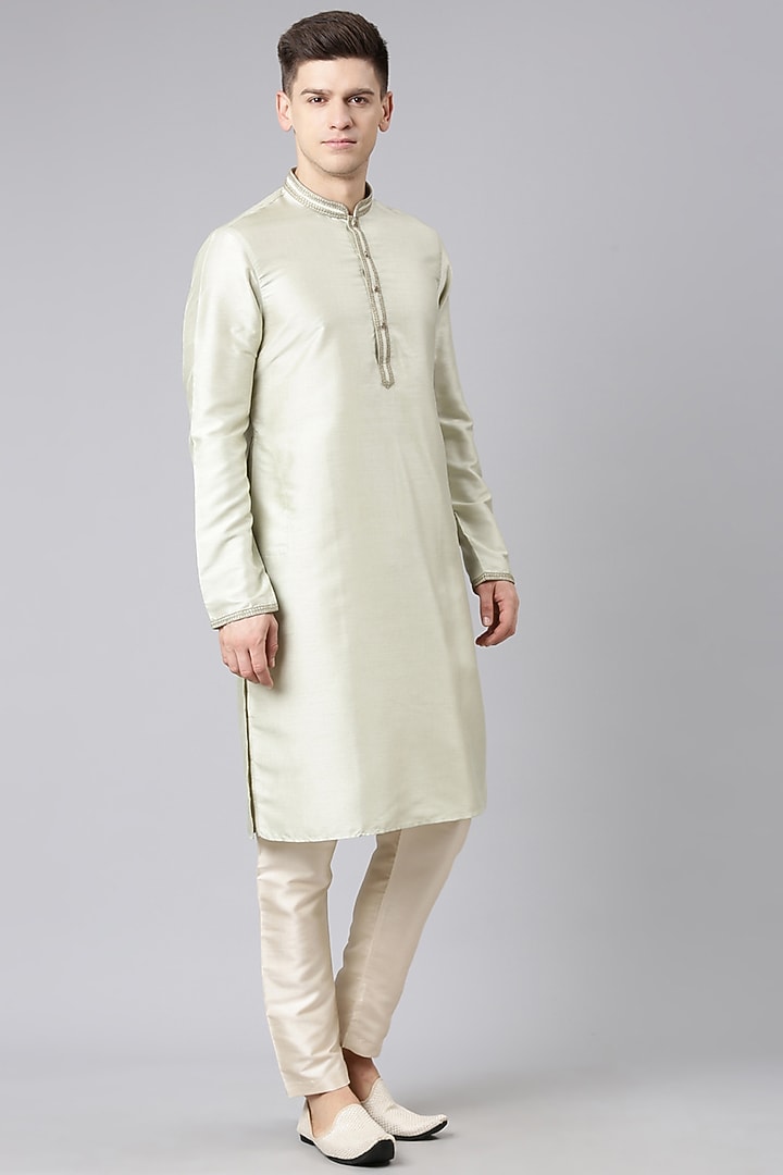 Olive Green Poly Silk Embroidered Nehru Jacket Set by The Ethnic Co at Pernia's Pop Up Shop