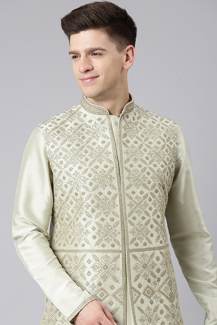 Olive Green Poly Silk Embroidered Nehru Jacket Set by The Ethnic Co at Pernia's Pop Up Shop