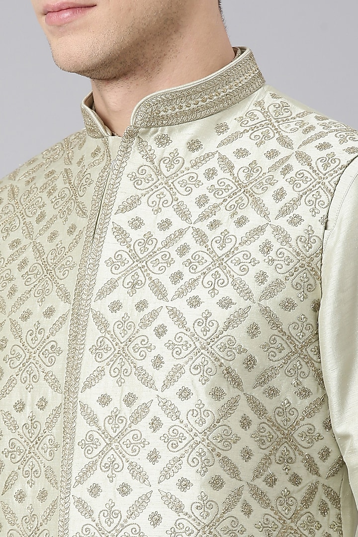 Olive Green Poly Silk Embroidered Nehru Jacket Set by The Ethnic Co at Pernia's Pop Up Shop