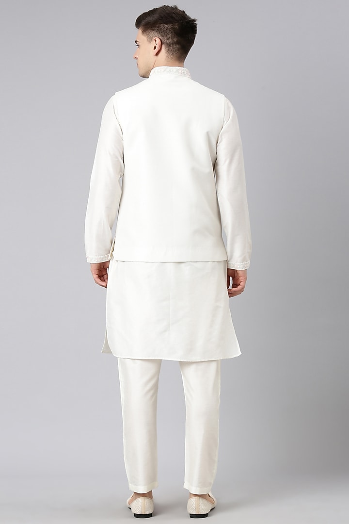 Cream Poly Silk Embroidered Nehru Jacket Set by The Ethnic Co at Pernia's Pop Up Shop