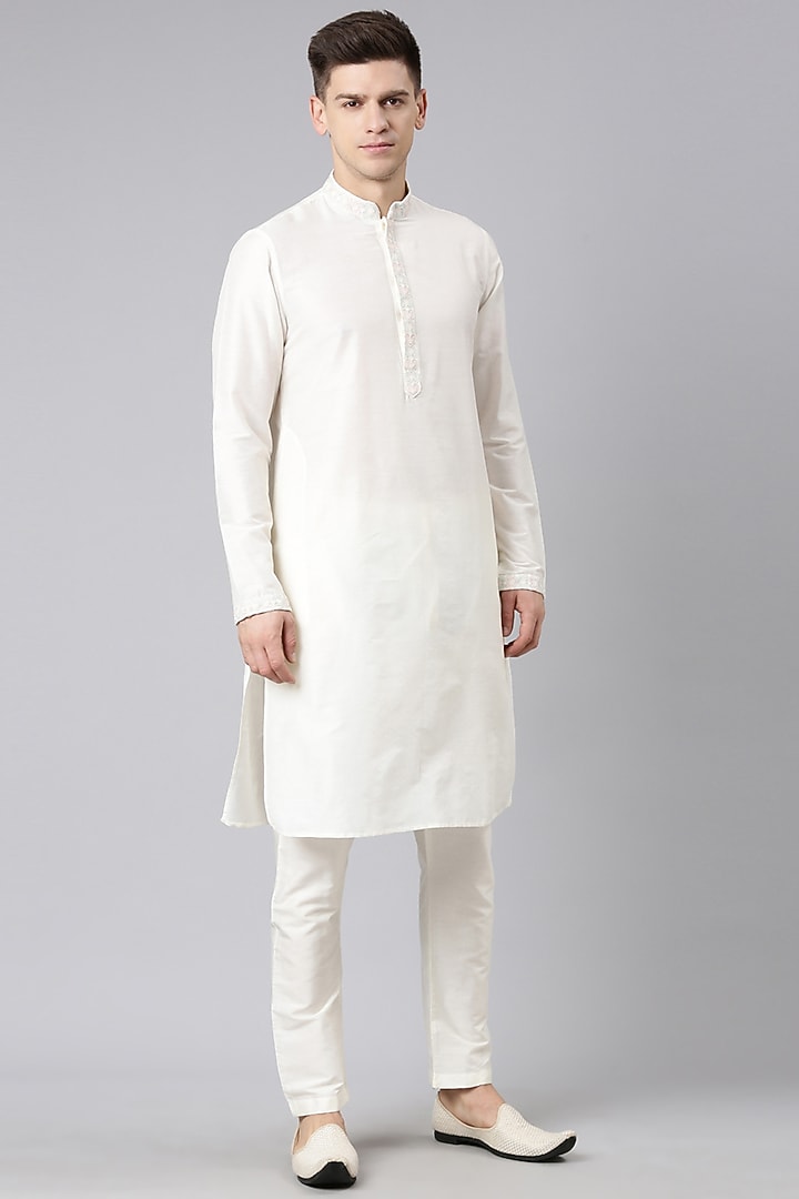 Cream Poly Silk Embroidered Nehru Jacket Set by The Ethnic Co at Pernia's Pop Up Shop