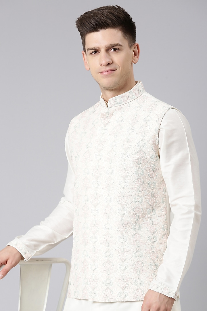Cream Poly Silk Embroidered Nehru Jacket Set by The Ethnic Co at Pernia's Pop Up Shop