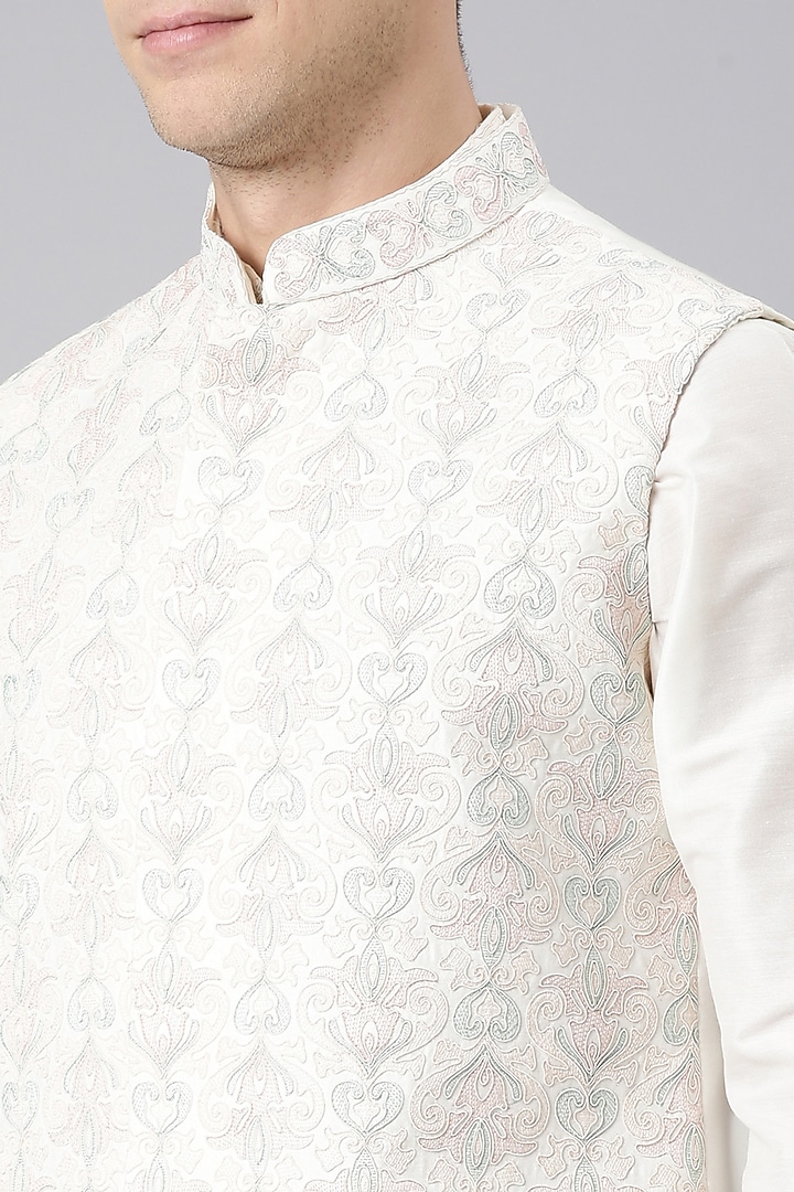Cream Poly Silk Embroidered Nehru Jacket Set by The Ethnic Co at Pernia's Pop Up Shop