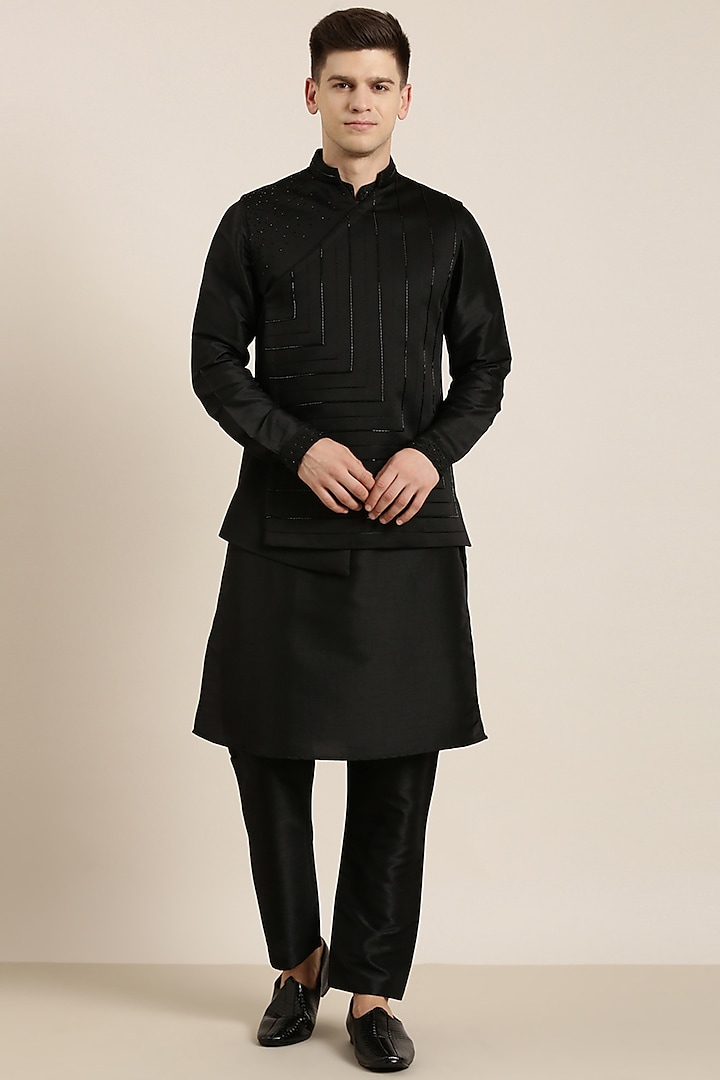 Black Cotton Angrakha Nehru Jacket Set by The Ethnic Co