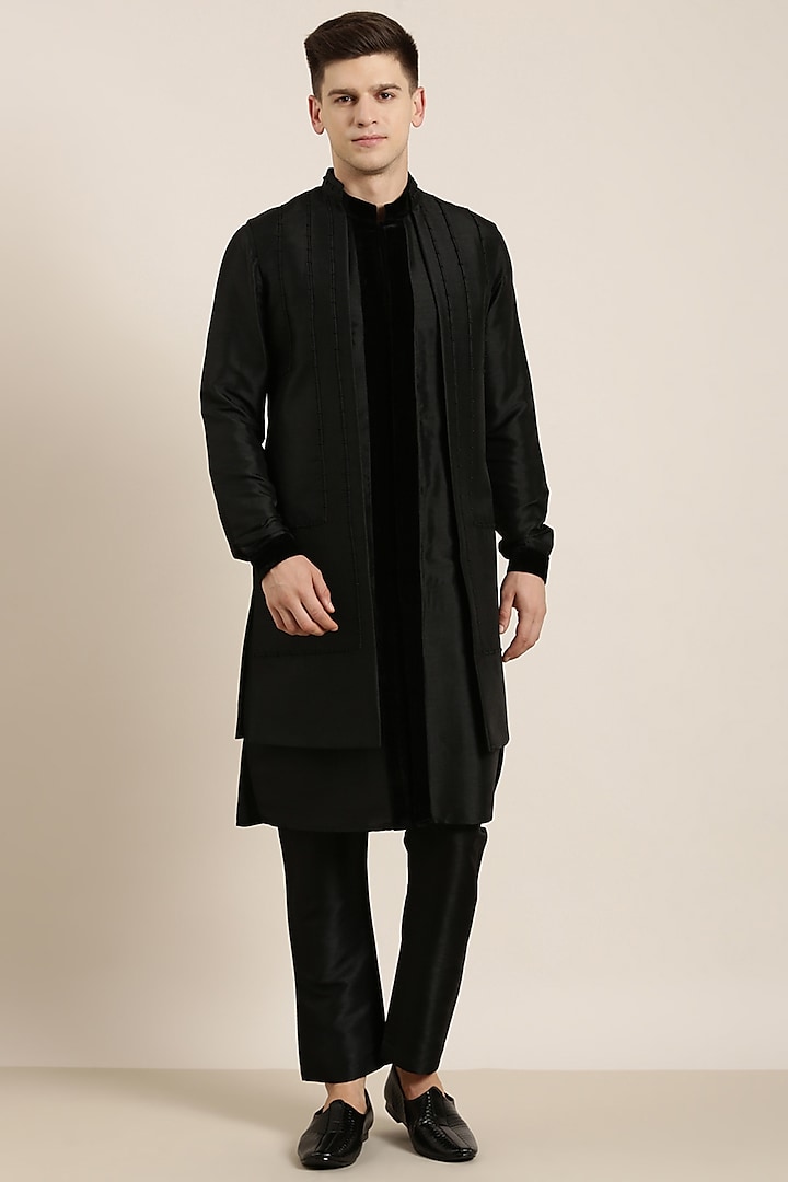 Black Poly Silk Long Jacket Set by The Ethnic Co at Pernia's Pop Up Shop