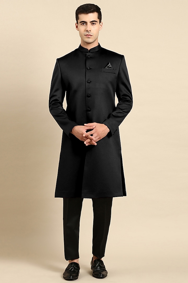 Black Silk Blend sherwani Set by The Ethnic Co