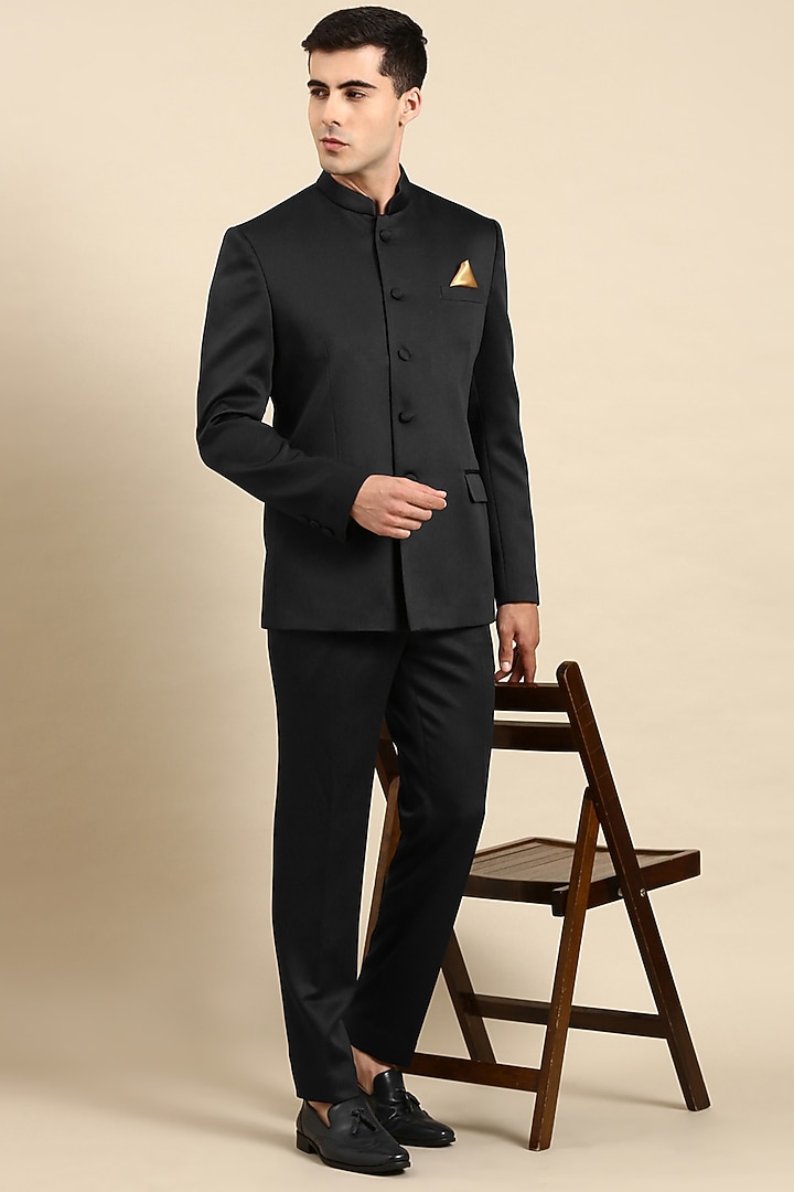 Black Poly Viscose Bandhgala Jacket Set by The Ethnic Co at Pernia's Pop Up Shop