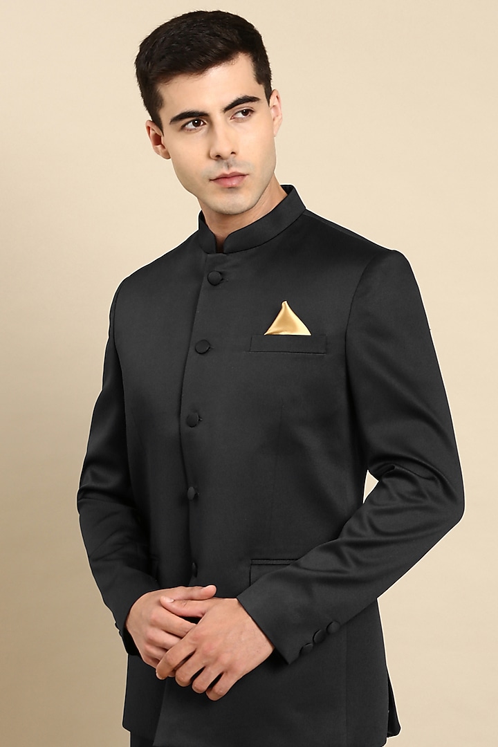 Black Poly Viscose Bandhgala Jacket Set by The Ethnic Co at Pernia's Pop Up Shop
