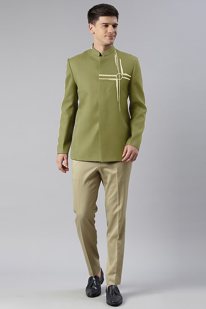 Green Polyester Embroidered Bandhgala Jacket Set by The Ethnic Co