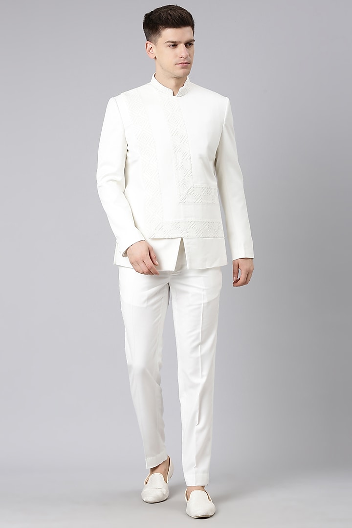 Off-White Polyester Angrakha Bandhgala Jacket Set by The Ethnic Co